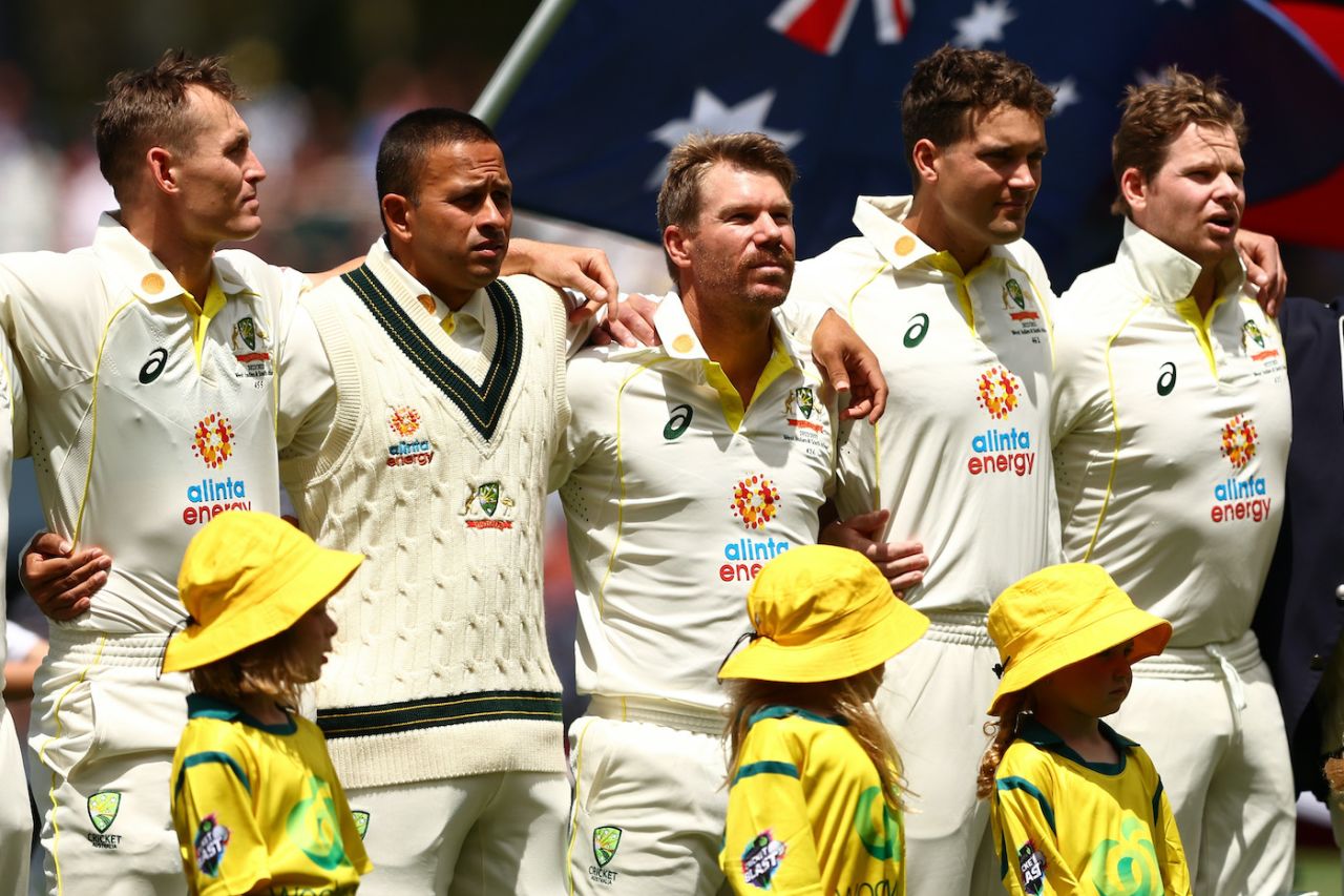 Marnus Labuschagne, Usman Khawaja, David Warner, Alex Carey, and Steven Smith at the national anthem, Australia vs West Indies, 2nd Test, Adelaide, 1st Day, December 8, 2022