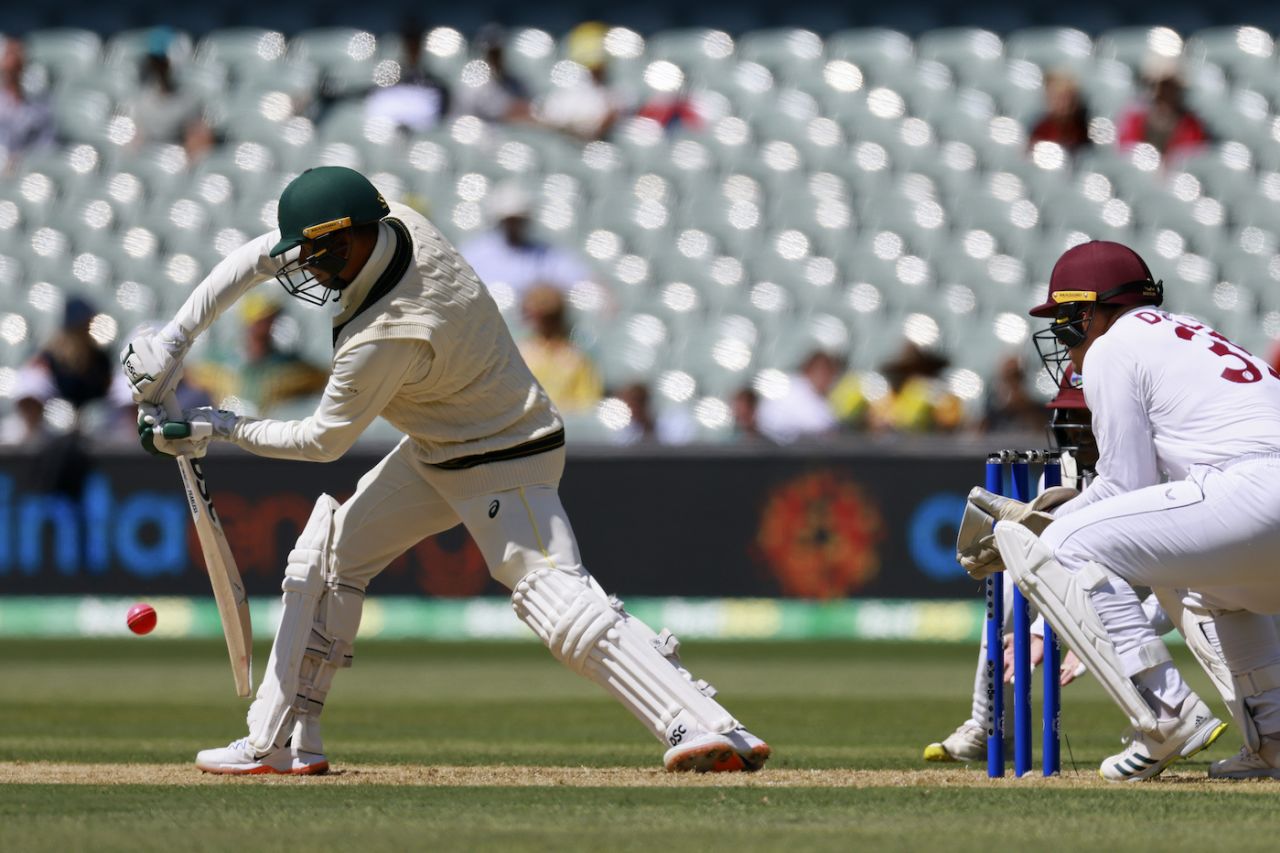 Usman Khawaja blocks the ball, Australia vs West Indies, 2nd Test, Adelaide, 1st Day, December 8, 2022