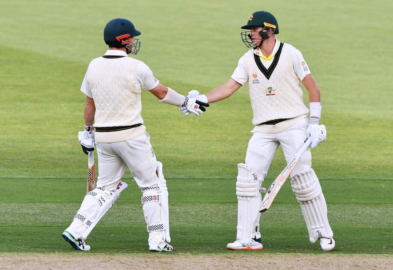 Travis Head congratulates Marnus Labuschagne on reaching 50, Australia vs West Indies, 2nd Test, Adelaide, 1st Day, December 8, 2022