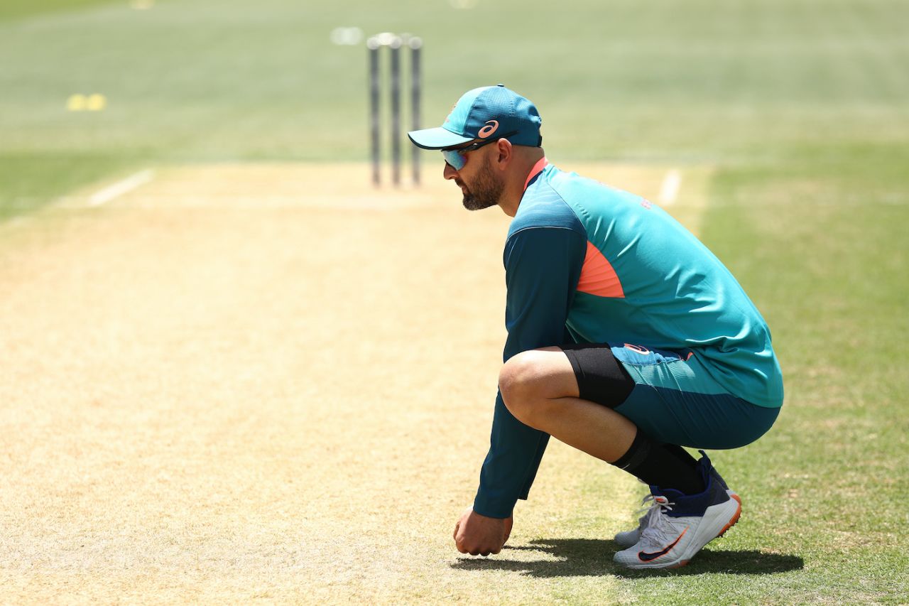Nathan Lyon inspects the Day 2 pitch, Australia vs West Indies, 2nd Test, Adelaide, 2nd Day, December 9, 2022