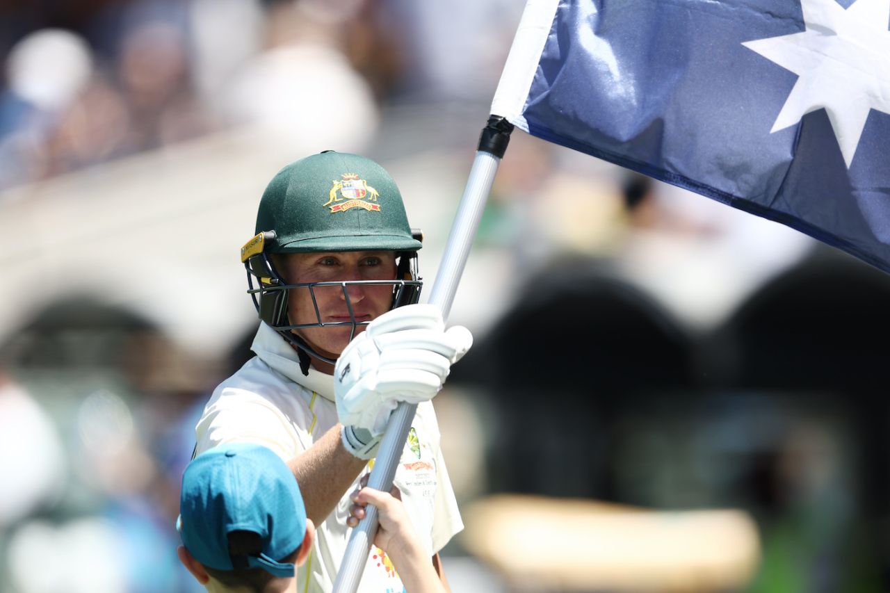 Marnus Labuschagne feels the Australian flag before going in to bat, Australia vs West Indies, 2nd Test, Adelaide, 2nd Day, December 9, 2022