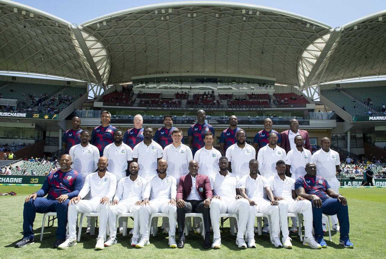 West Indies' team and support staff pose in front of the Sir Donald Bradman Pavillion, Australia vs West Indies, 2nd Test, Adelaide, 2nd Day, December 9, 2022