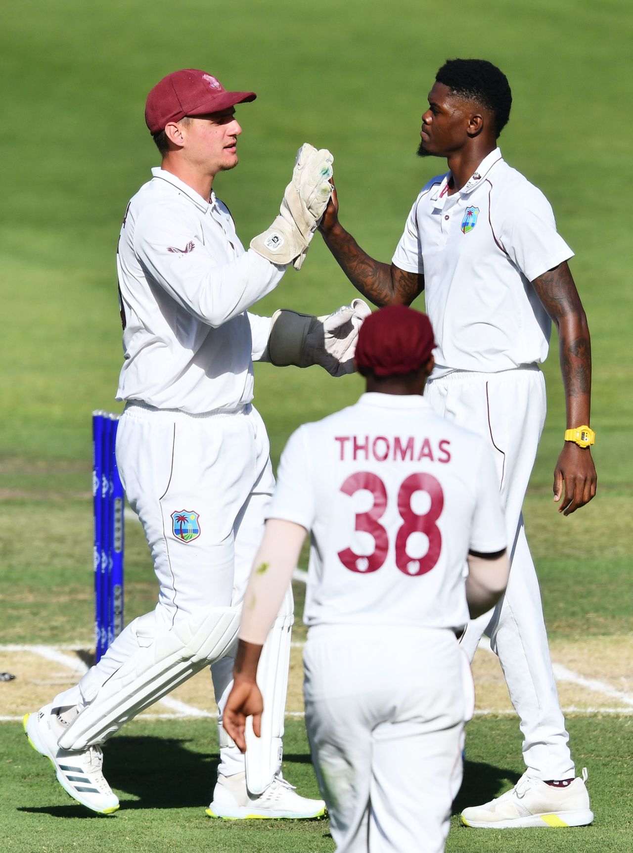 Alzarri Joseph and Joshua Da Silva celebrate after Cameron Green's dismissal, Australia vs West Indies, 2nd Test, Adelaide, 2nd Day, December 9, 2022