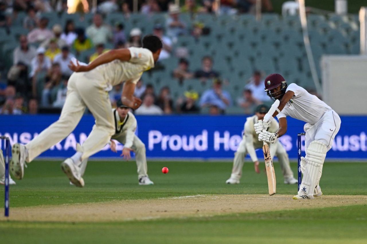 Mitchell Starc sends one down to Kraigg Brathwaite in the twilight, Australia vs West Indies, 2nd Test, Adelaide, 2nd day, December 9, 2022