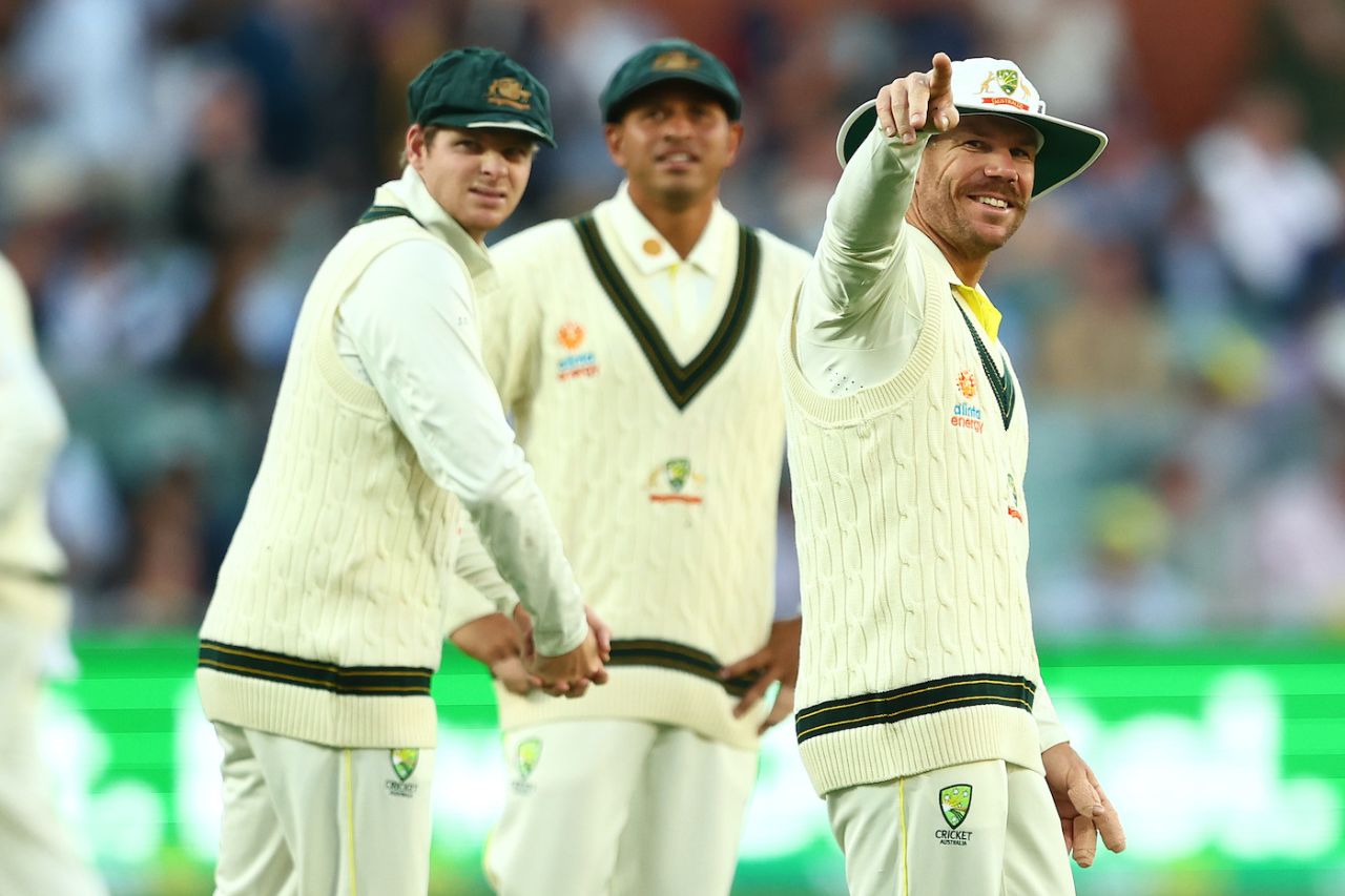 Caption this photo of Steve Smith, Usman Khawaja, and David Warner, Australia vs West Indies, 2nd Test, Adelaide, 2nd Day, December 9, 2022
