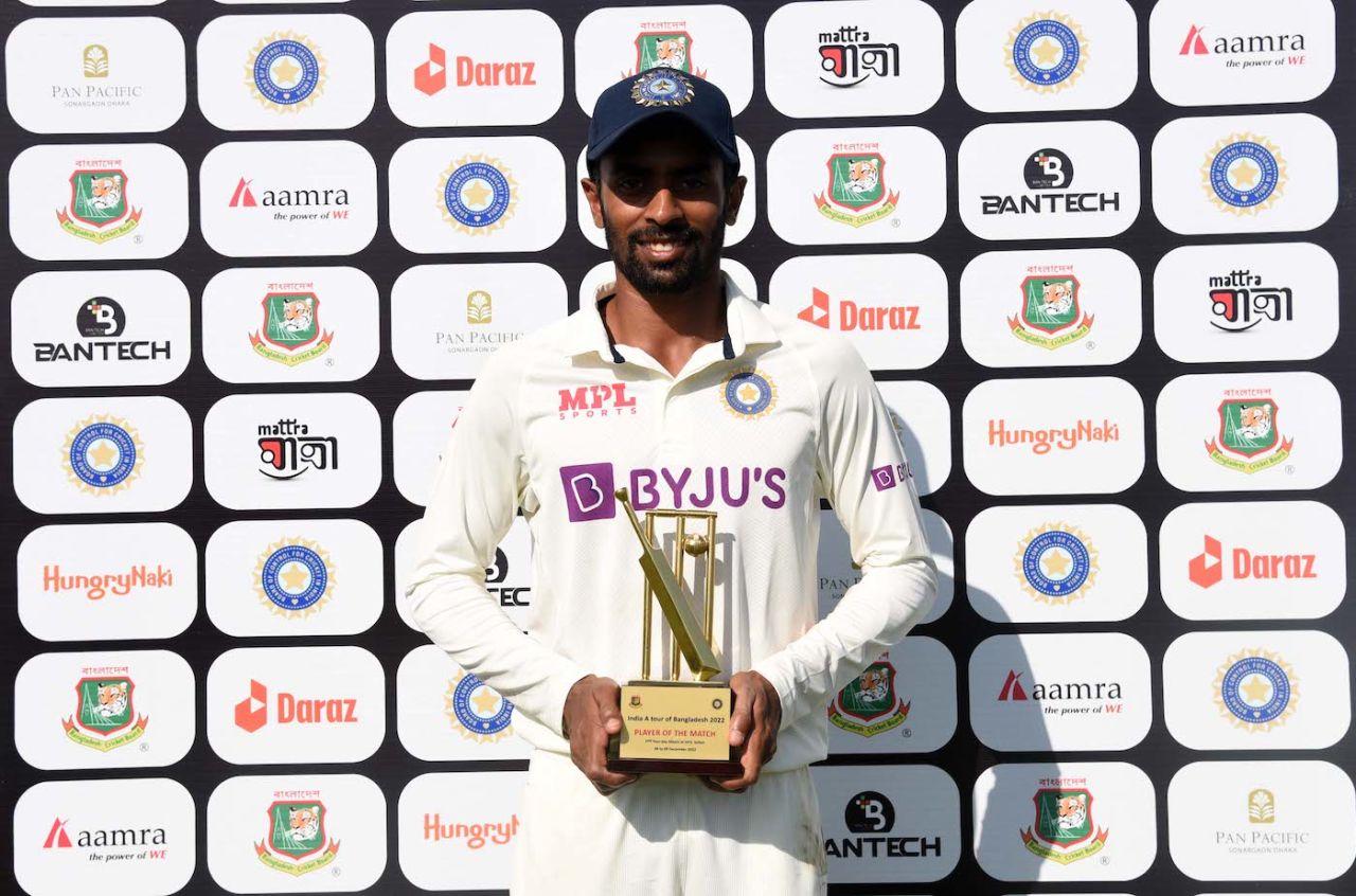 Abhimanyu Easwaran, the India A captain, poses with the Player-of-the-Match trophy, Bangladesh A vs India A, 2nd four-day match, Sylhet, 4th day, December 9, 2022