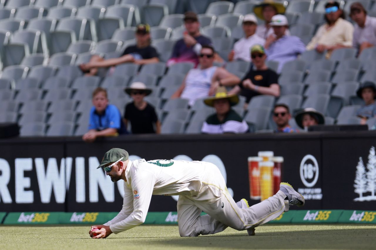Nathan Lyon took a low to catch to end West Indies' first innings, Australia vs West Indies, 2nd Test, Adelaide, 3rd Day, December 10, 2022