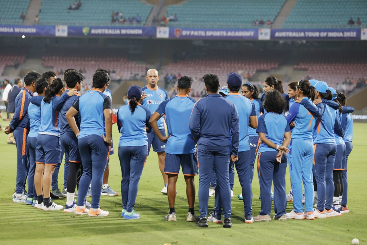 Batting coach Hrishikesh Kanitkar addresses the players before the game, India vs Australia, 2nd women's T20I, DY Patil, December 11, 2022
