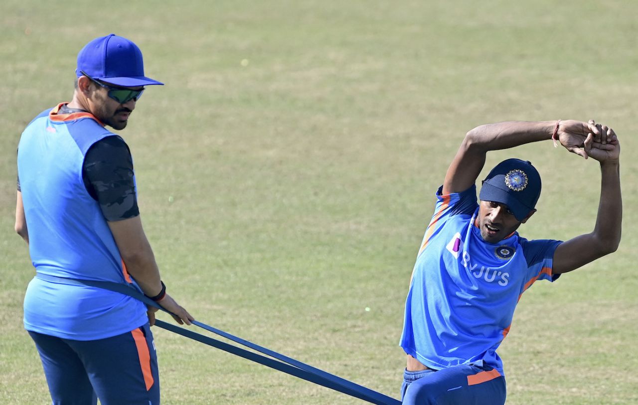 Abhimanyu Easwaran stretches at a net session ahead of the first Test against Bangladesh, Chattogram, December 11, 2022