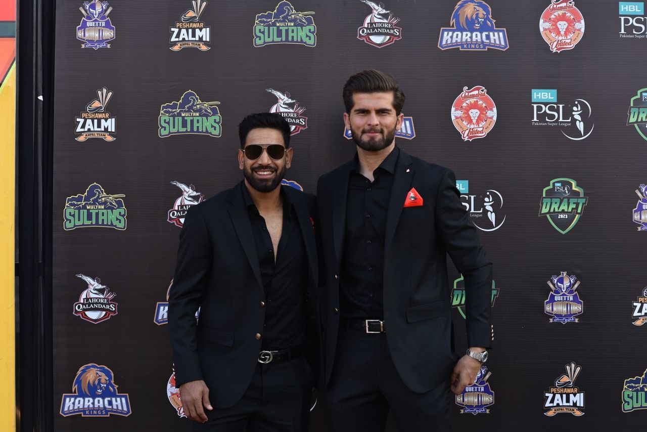 Haris Rauf and Shaheen Shah Afridi pose at the PSL draft, PSL 2023, Karachi, December 15, 2022