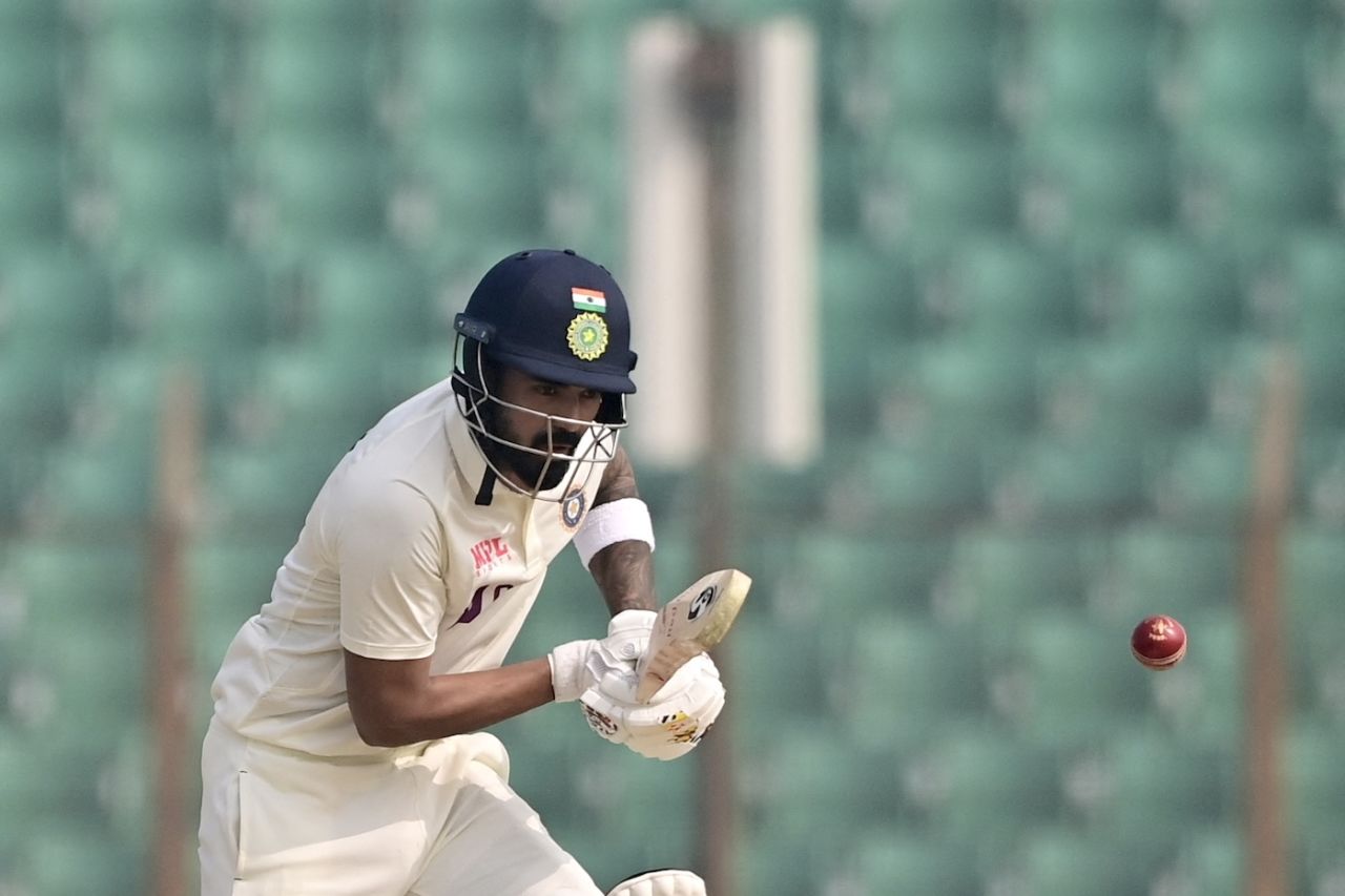 KL Rahul defends on the off side, Bangladesh vs India, 1st Test, Chattogram, 3rd day, December 16, 2022