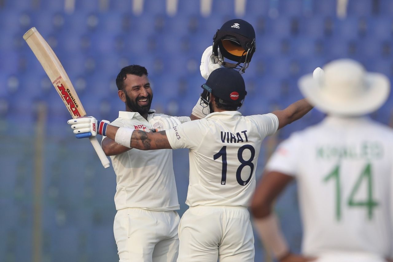 Cheteshwar Pujara celebrates his Test century with Virat Kohli, Bangladesh vs India, 1st Test, Chattogram, 3rd day, December 16, 2022