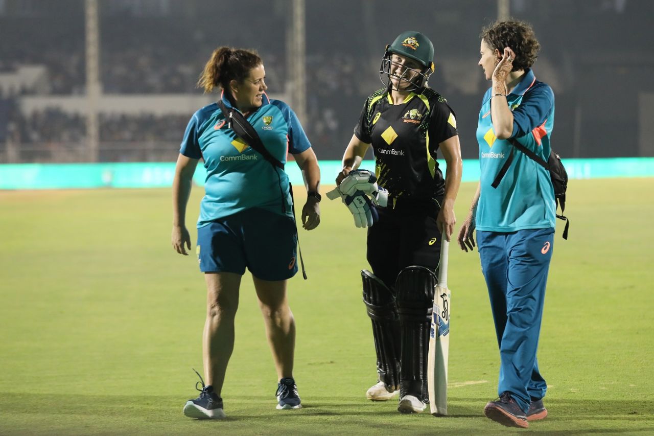 Alyssa Healy walks off after suffering a calf strain while batting, India vs Australia, 4th T20I, Mumbai, December 17, 2022