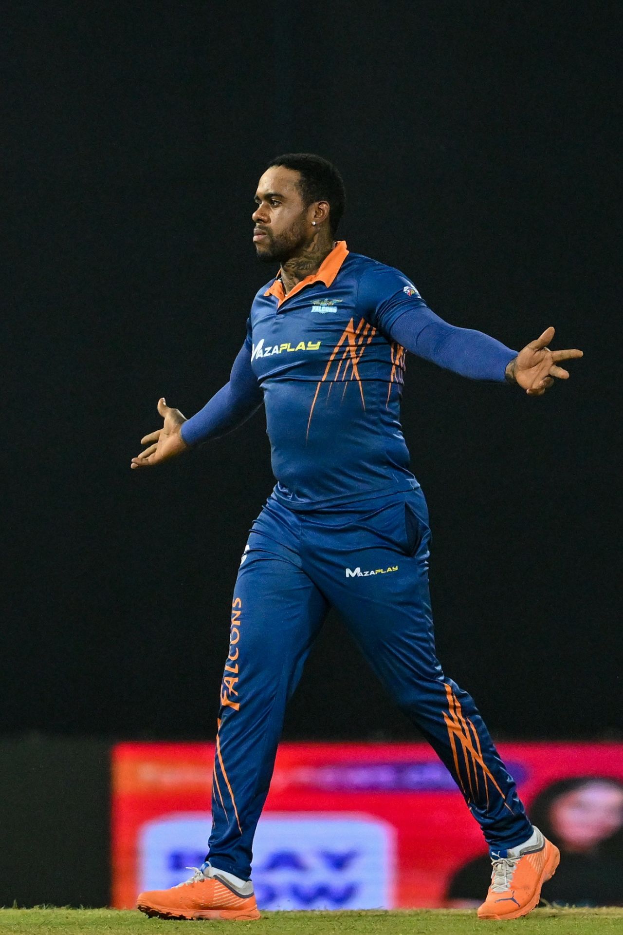 Fabian Allen wheels away after taking a wicket, Colombo Stars vs Kandy Falcons, LPL 2022, Colombo, December 17, 2022