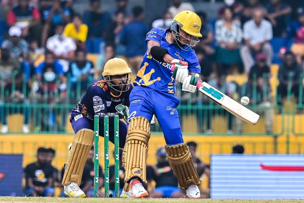 Afif Hossain prepares to swat one away off the back foot, Galle Gladiators vs Jaffna Kings, LPL 2022, Colombo, December 18, 2022