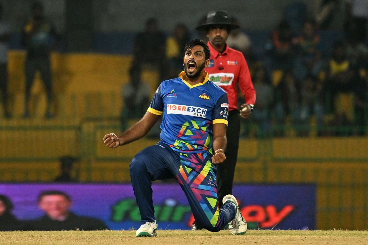 Kalana Perera roars after taking a wicket, Dambulla Aura vs Kandy Falcons, LPL 2022, Colombo, December 18, 2022