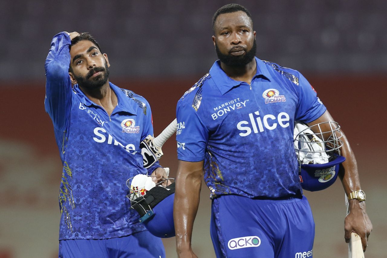 Kieron Pollard and Jasprit Bumrah walk off after Mumbai Indians fell short, Mumbai Indians vs Rajasthan Royals, IPL 2022, Mumbai, April 2, 2022