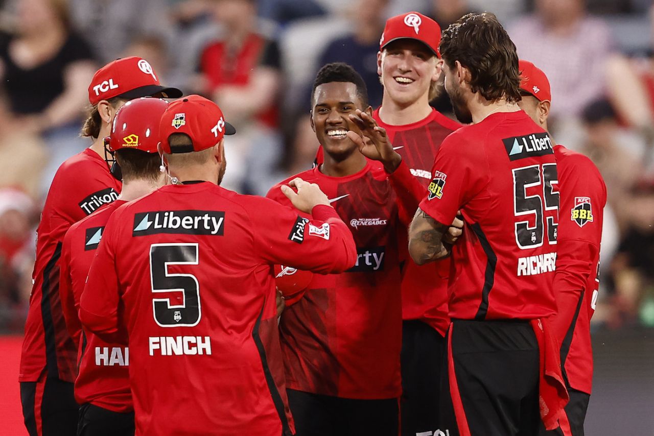 Akeal Hosein ended with figures of 3 for 26, Melbourne Renegades vs Brisbane Heat, BBL 2022-23, Geelong, December 21, 2022