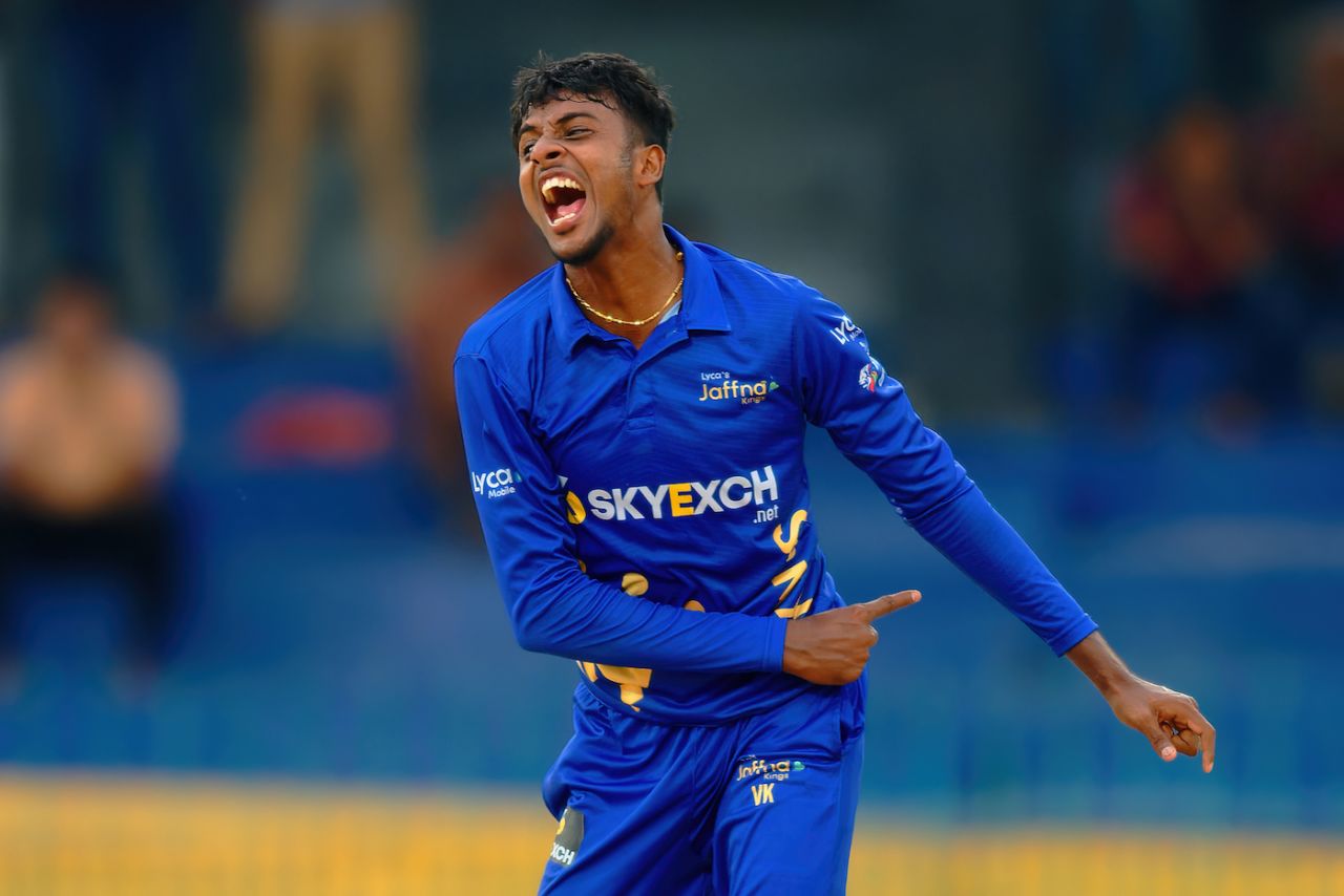 Vijayakanth Viyaskanth picked up three top-order wickets, Kandy Falcons vs Jaffna Kings, LPL 2022, Qualifier 1, Colombo, December 21, 2022