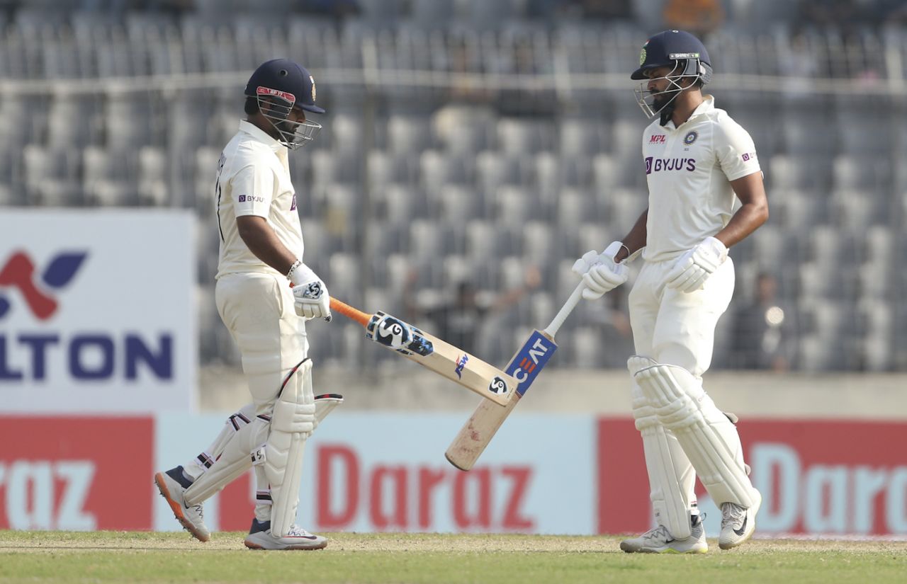Rishabh Pant and Shreyas Iyer share a moment during their mammoth stand, Bangladesh vs India, 2nd Test, Mirpur, 2nd Day, December 23, 2022