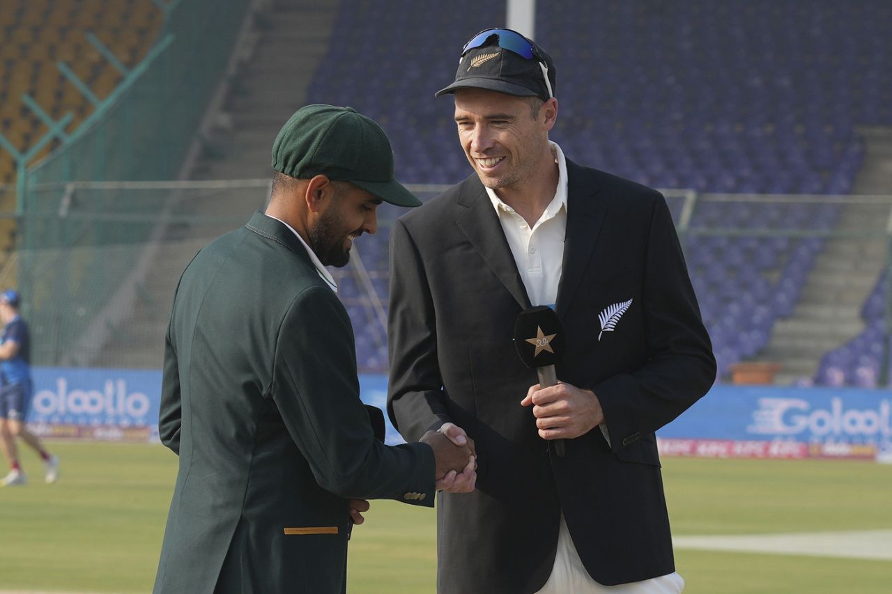 Tim Southee is all smiles at the toss of his first Test as full-time captain, Pakistan vs New Zealand, 1st Test, Karachi, 1st day, December 26, 2022