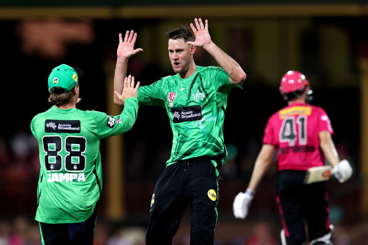 Beau Webster celebrates the wicket of Kurtis Patterson, Sydney Sixers vs Melbourne Stars, Big Bash League 2022-23, Sydney, December 26, 2022
