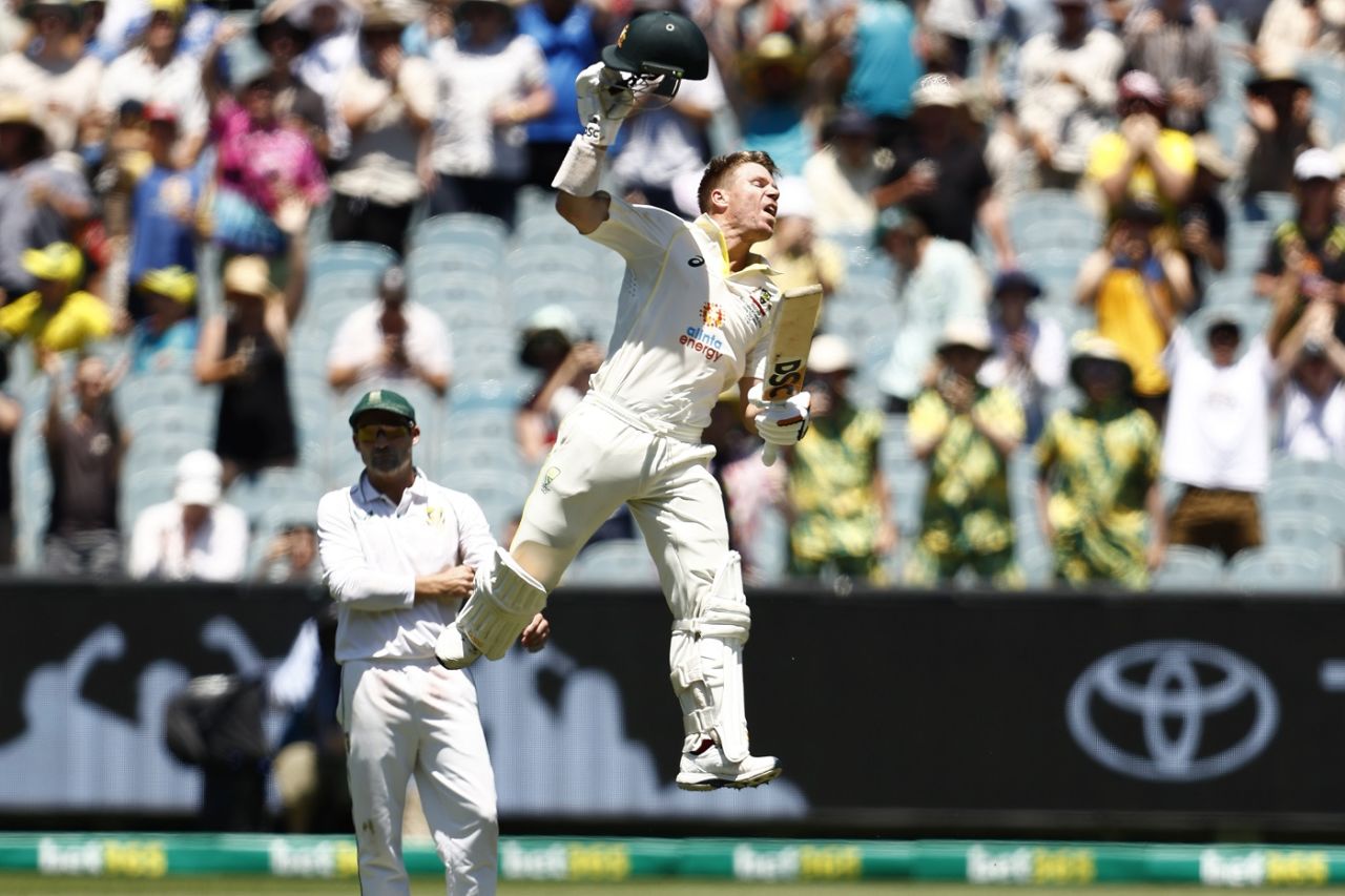 David Warner exults after scoring his 25th Test century, Australia vs South Africa, 2nd Test, Melbourne, 2nd Day, December 27, 2022
