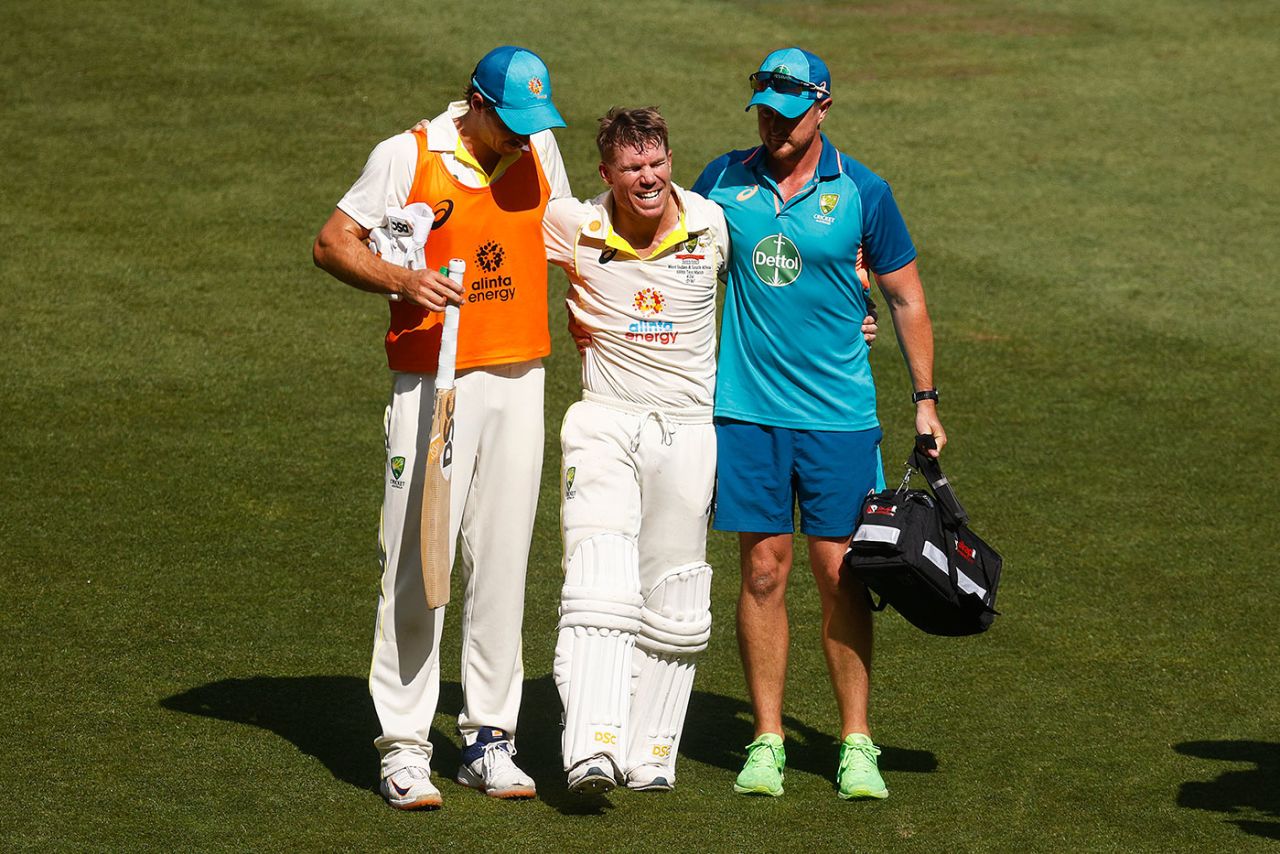David Warner is helped off the ground, Australia vs South Africa, 2nd Test, Melbourne, 2nd Day, December 27, 2022
