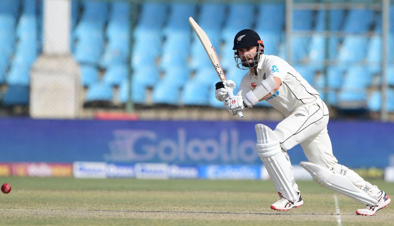 Kane Williamson plays the ball on the leg side, Pakistan vs New Zealand, 1st Test, Karachi, 3rd day, December 28, 2022