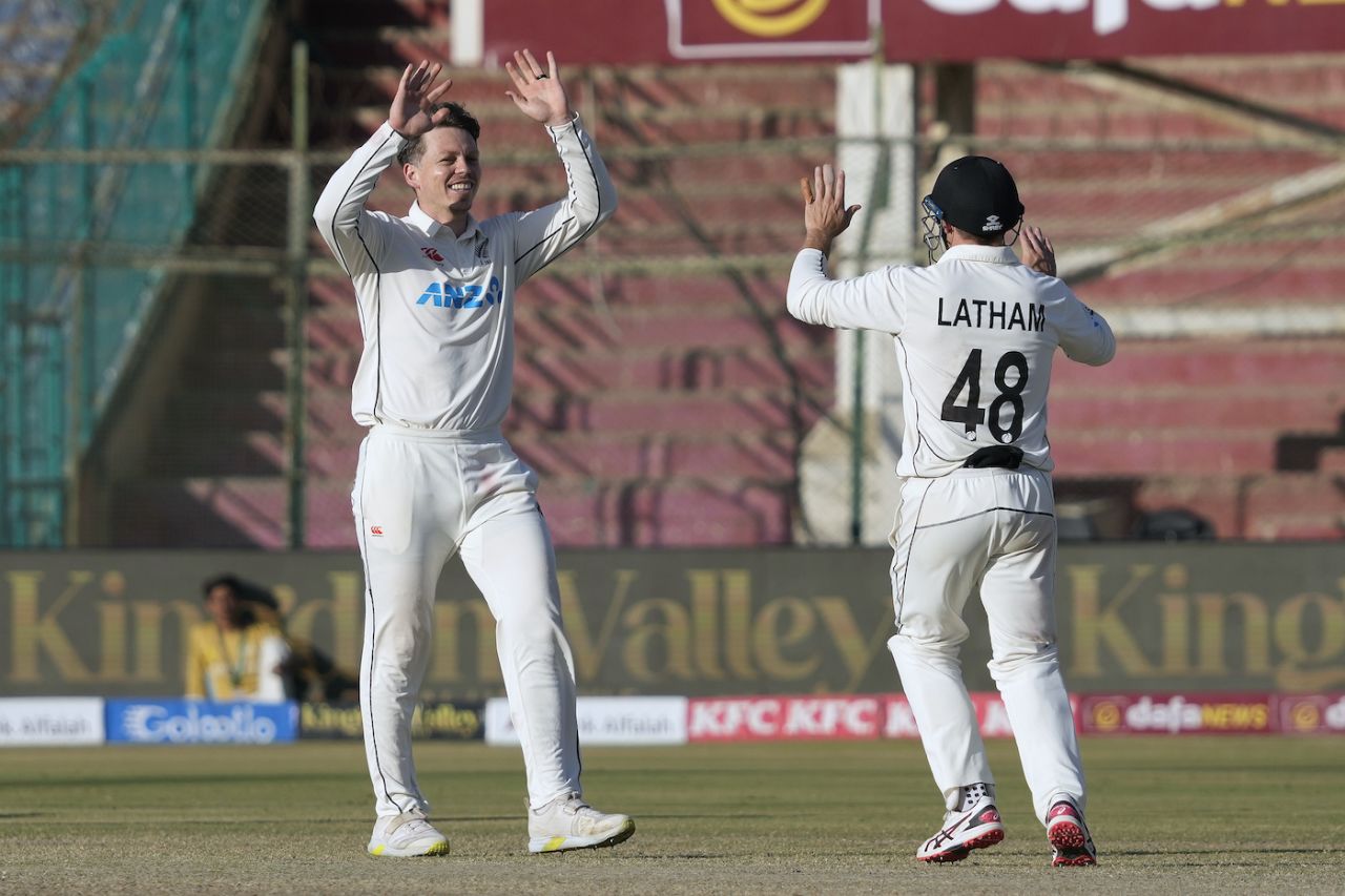 Michael Bracewell celebrates after breaking through, Pakistan vs New Zealand, 1st Test, Karachi, 4th Day, December 29, 2022