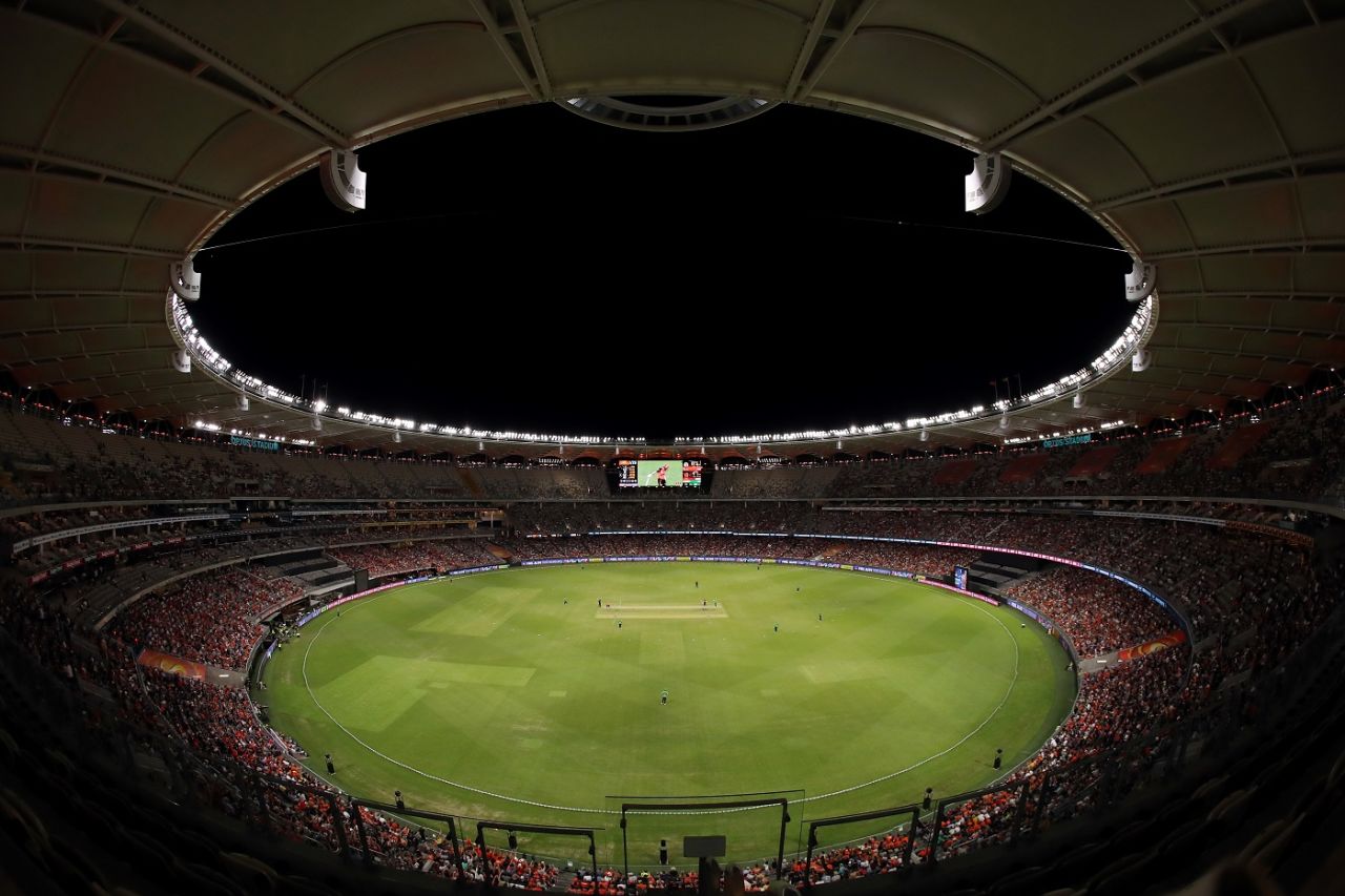 An aerial view of the Perth Stadium during the Scorchers-Stars game, Perth Scorchers vs Melbourne Stars, Big Bash League 2022-23, Perth, December 29, 2022