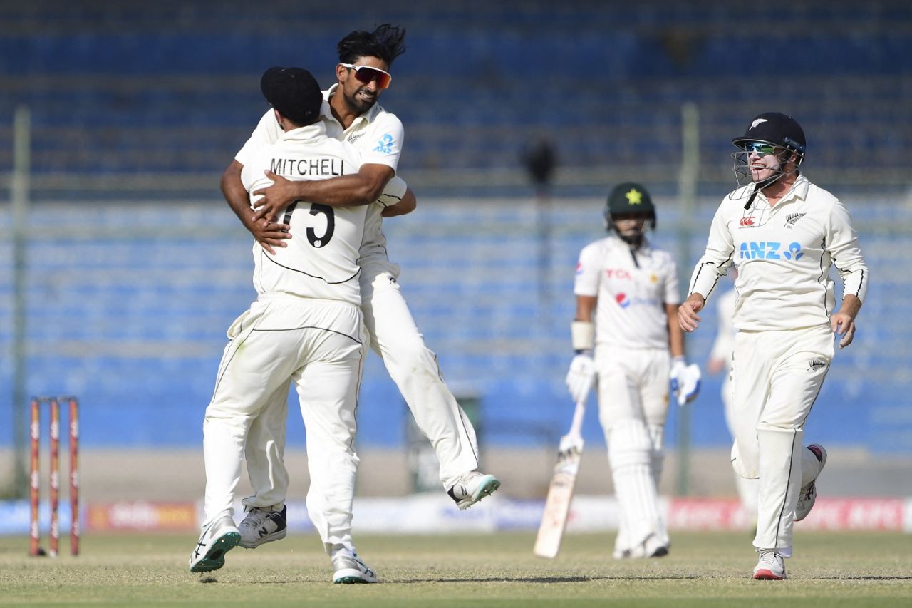 Ish Sodhi celebrates after completing his first Test five-for, Pakistan vs New Zealand, 1st Test, Karachi, 5th day, December 30, 2022