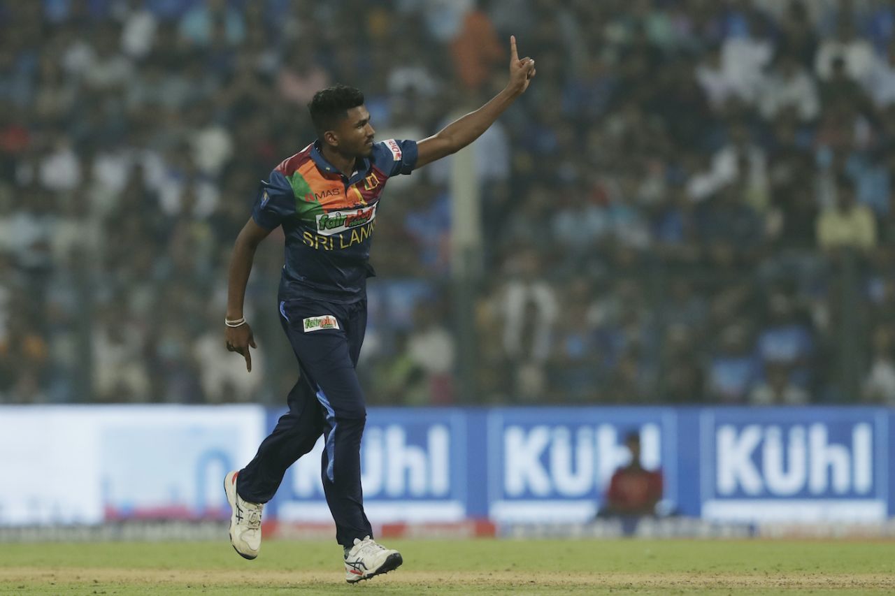 Dilshan Madushanka celebrates after dismissing the Indian captain, India vs Sri Lanka, 1st T20I, Mumbai, Wankhede Stadium, January 3, 2023
