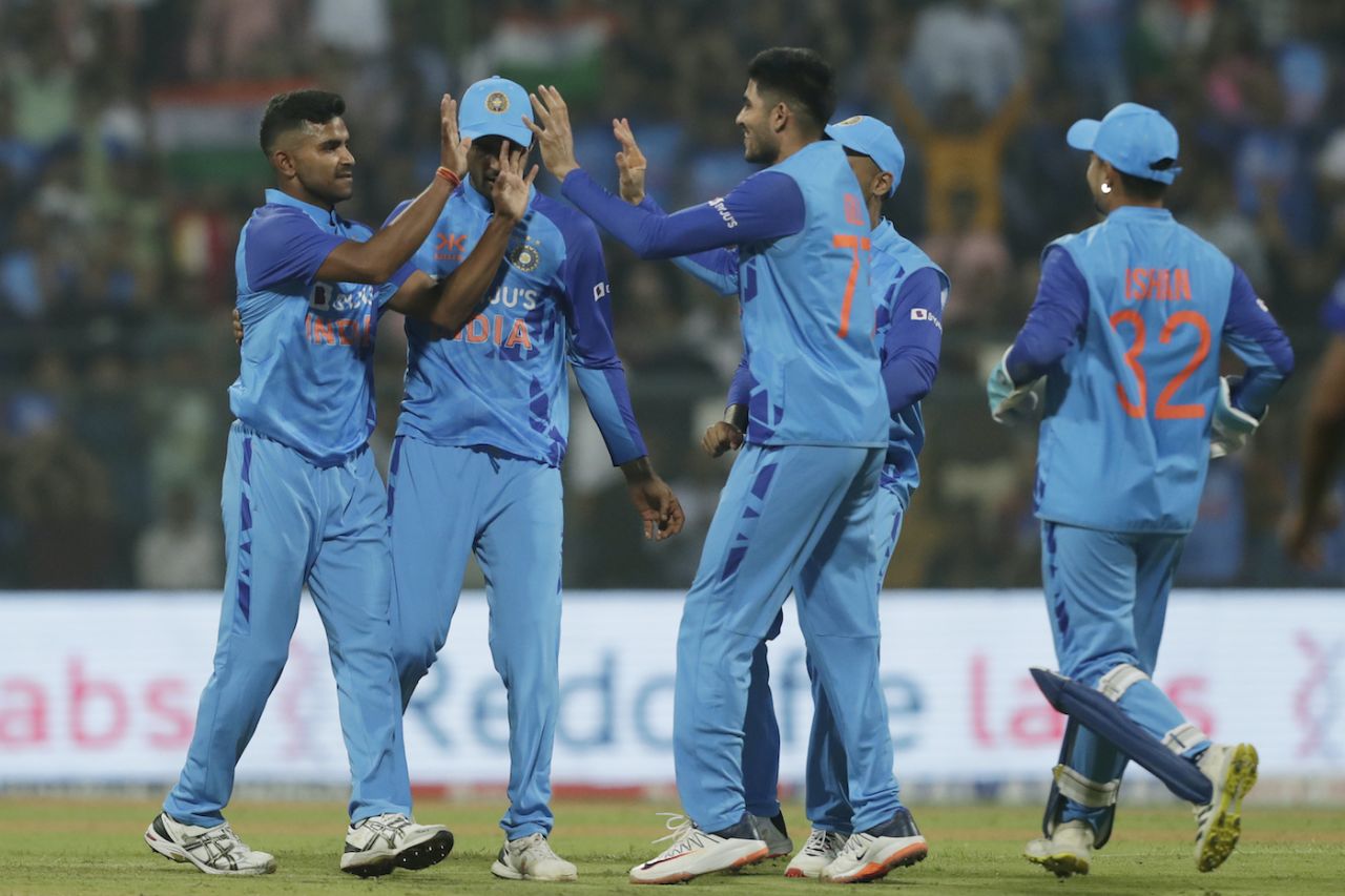 Shivam Mavi celebrates after taking his maiden wicket, India vs Sri Lanka, 1st T20I, Mumbai, Wankhede Stadium, January 3, 2023