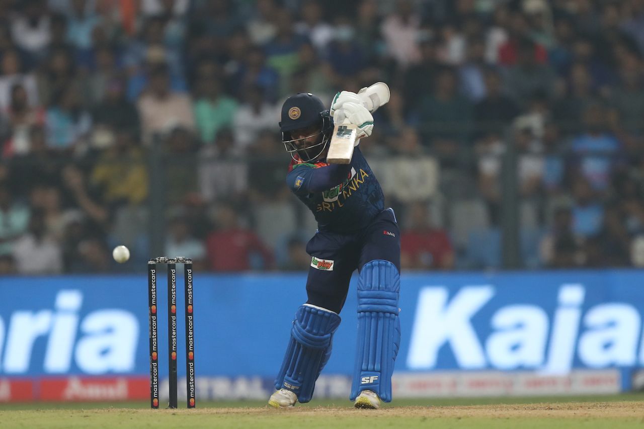 Kusal Mendis channels a drive towards cover, India vs Sri Lanka, 1st T20I, Mumbai, Wankhede Stadium, January 3, 2023