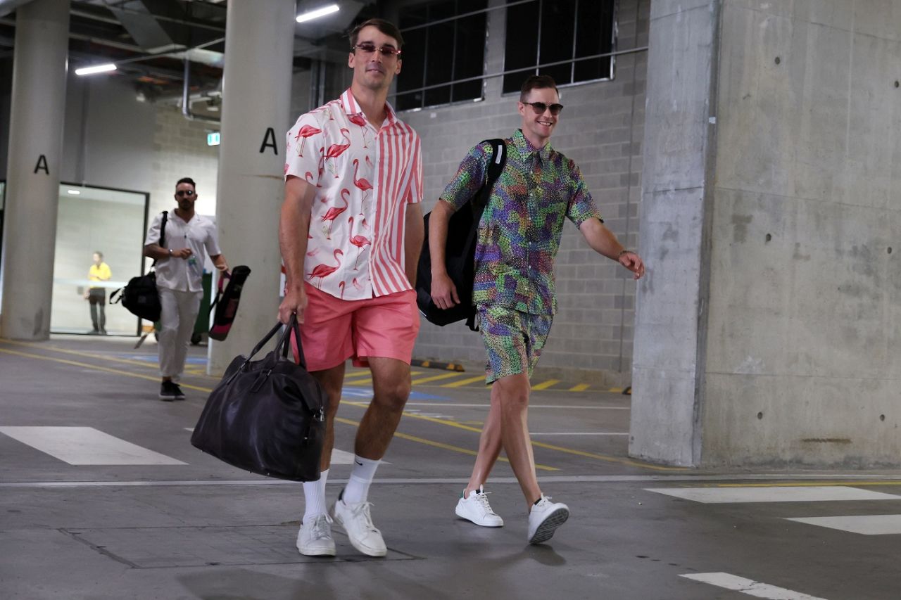 Perth Scorchers' Nick Hobson and Jason Behrendorff arrive at the stadium NBA style, Perth Scorchers vs Sydney Thunder, Big Bash League 2022-23, Perth, January 4, 2023