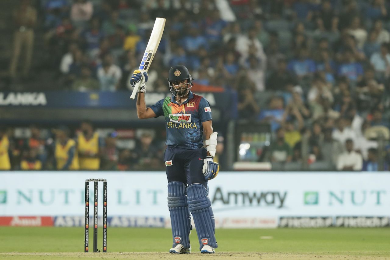 Dasun Shanaka celebrates reaching his fifty, India vs Sri Lanka, 2nd T20I, Pune, January 5, 2023