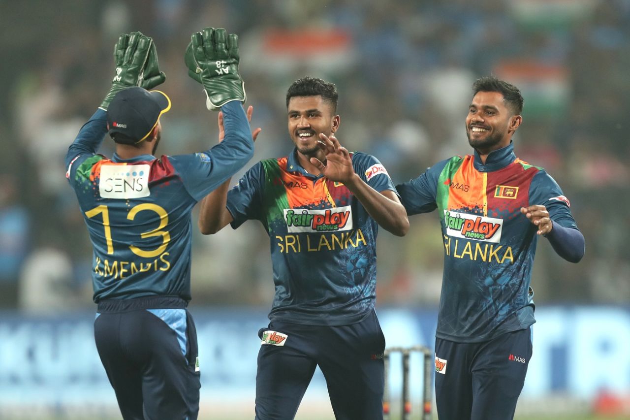 Dilshan Madushanka celebrates after dismissing Rahul Tripathi, India vs Sri Lanka, 2nd T20I, Pune, January 5, 2023
