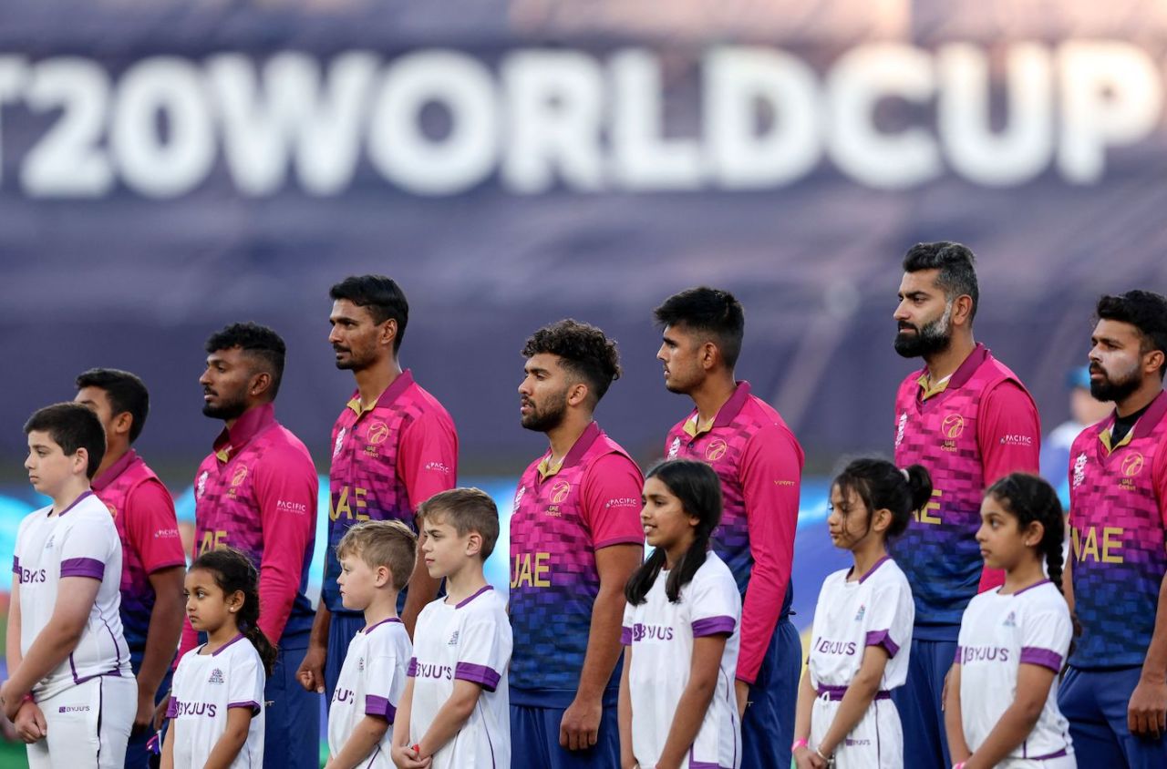 The UAE team line up for the anthem, Namibia vs UAE, T20 World Cup 2022, Geelong, October 20, 2022