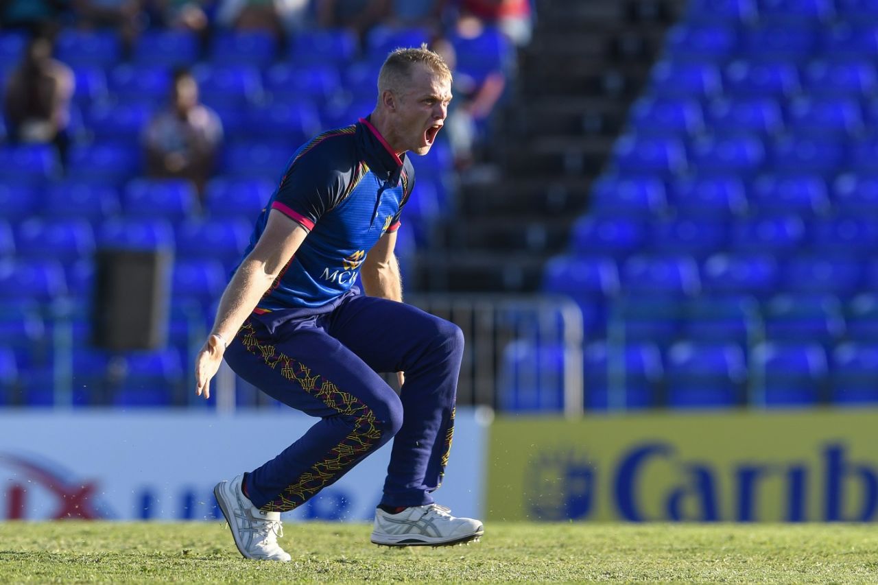 Corbin Bosch is pumped after taking a wicket, Barbados Royals vs Trinbago Knight Riders, The 6IXTY Men's Competition, August 25, 2022