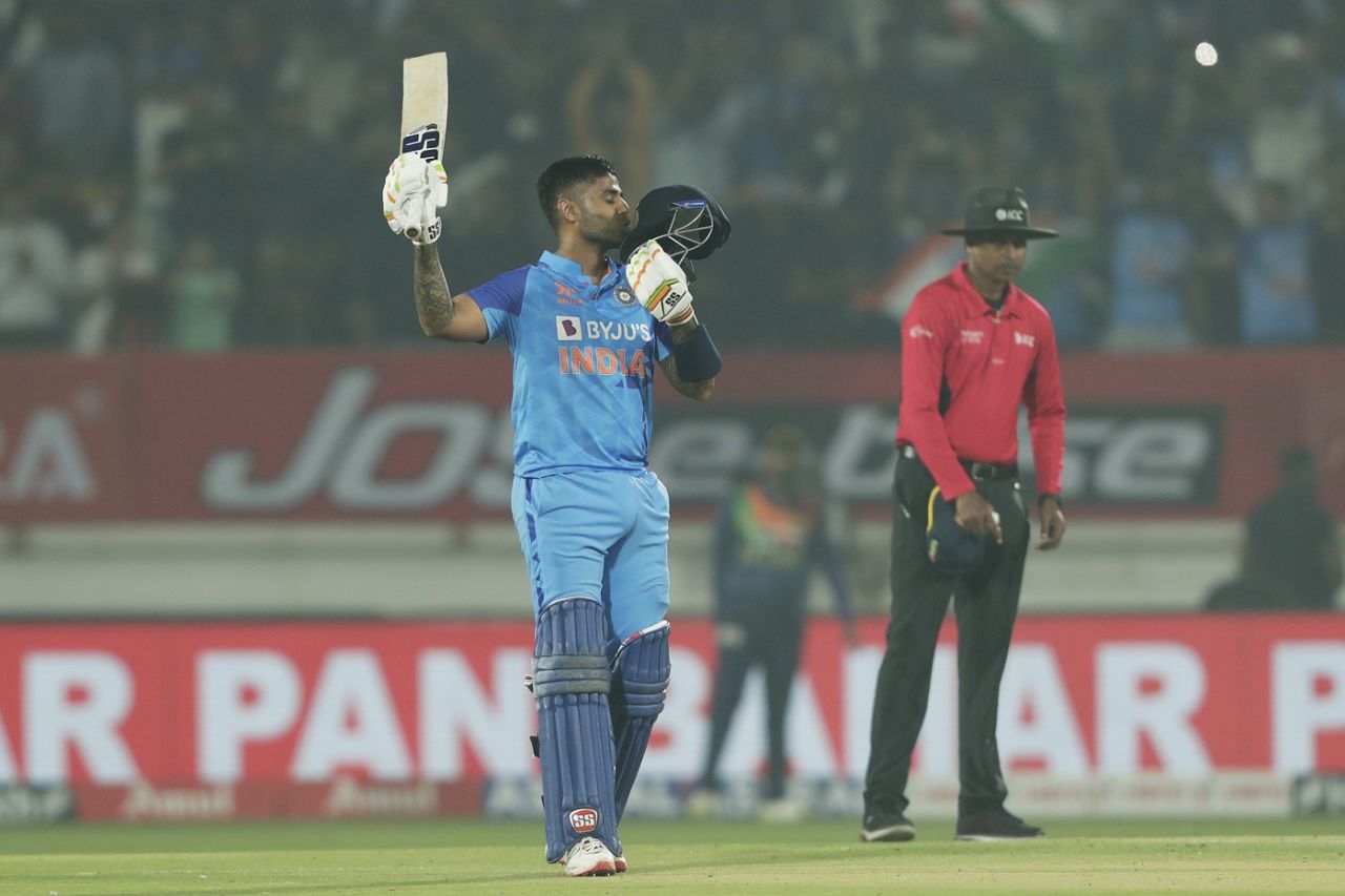 It took 45 balls for Suryakumar Yadav to get to his third T20I century, India vs Sri Lanka, 3rd T20I, Rajkot, January 7, 2023