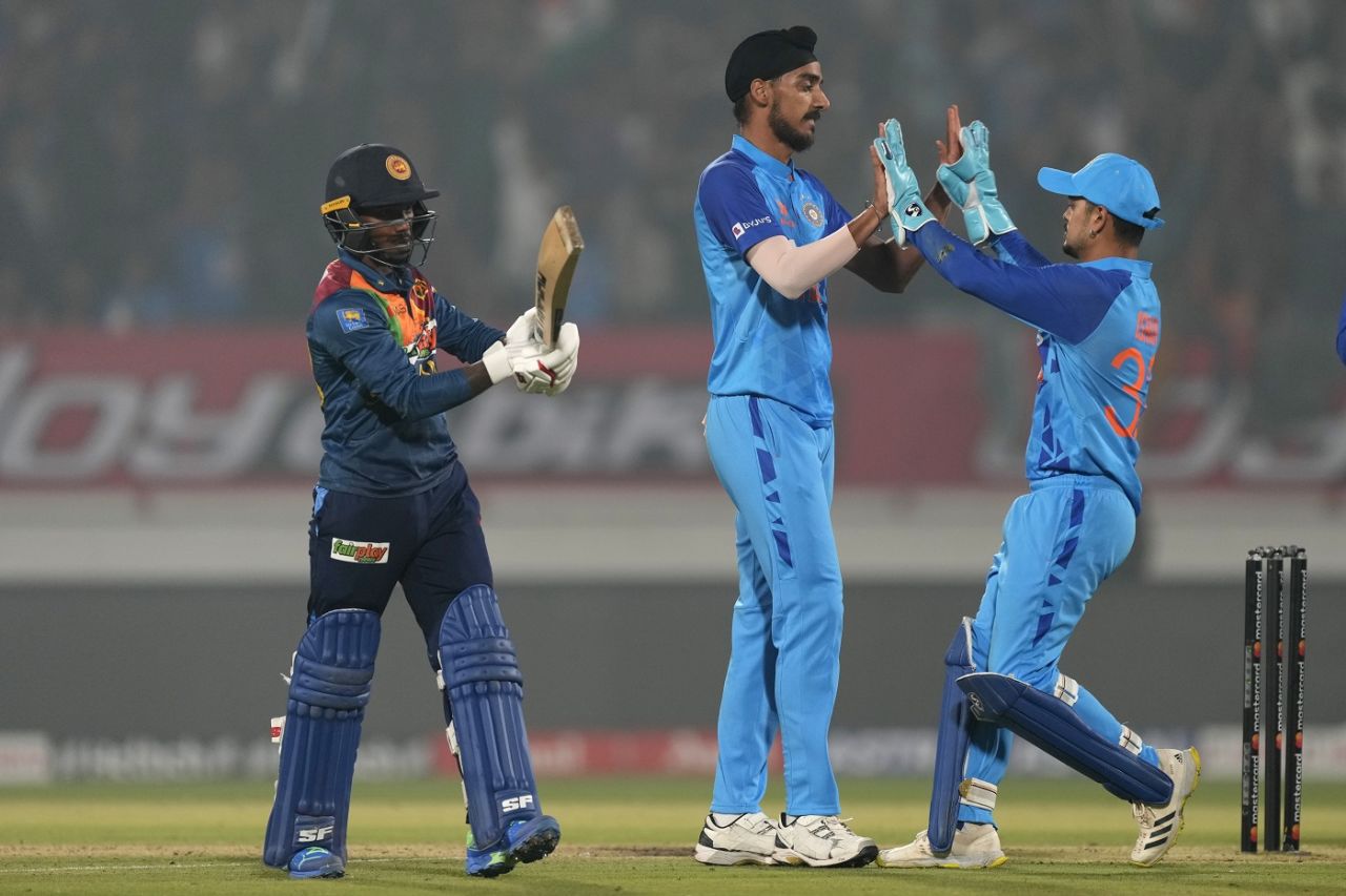Arshdeep Singh celebrates after dismissing Pathum Nissanka, India vs Sri Lanka, 3rd T20I, Rajkot, January 7, 2023