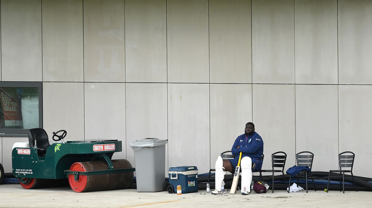 Rahkeem Cornwall waits for his turn to bat, Brathwaite XI v Holder XI, West Indies intra-squad match, Old Trafford, July 1, 2020