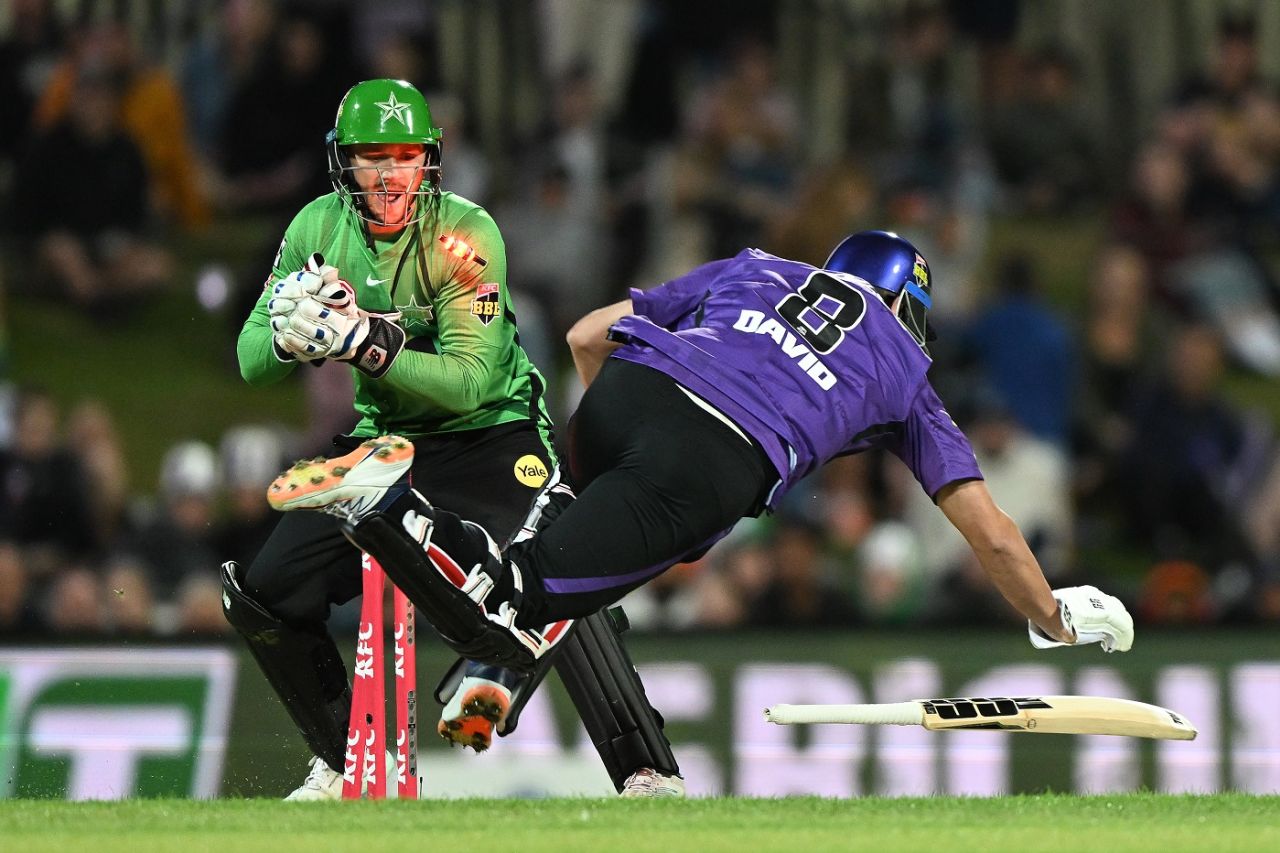Tim David was run out for 3, Hobart Hurricanes vs Melbourne Stars, Big Bash League 2022-23, Hobart, January 9, 2023
