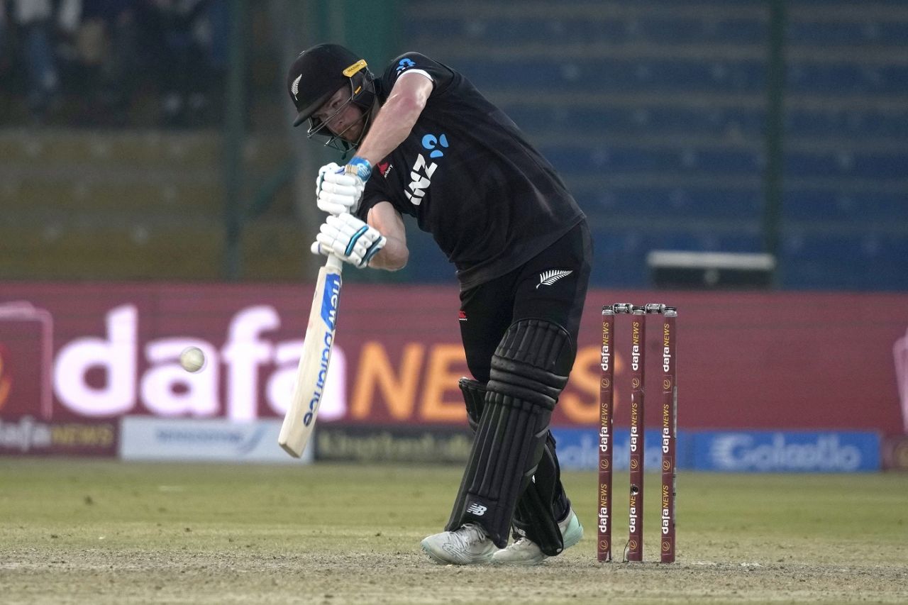 Glenn Phillips hits one through the off side, Pakistan vs New Zealand, 1st ODI, Karachi, January 9, 2023 