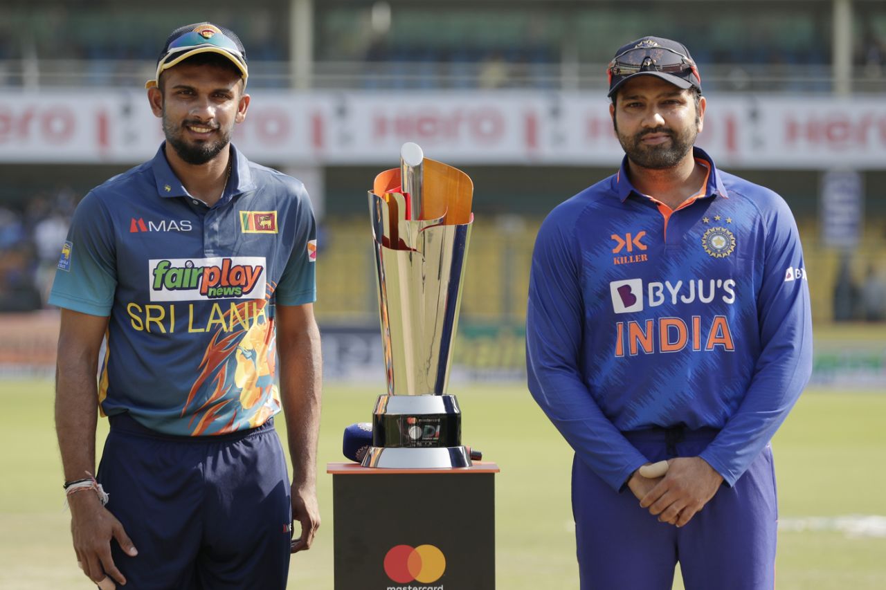 Dasun Shanaka and Rohit Sharma with the ODI series trophy ahead of the first game, India vs Sri Lanka, 1st ODI, Guwahati, January 10, 2023