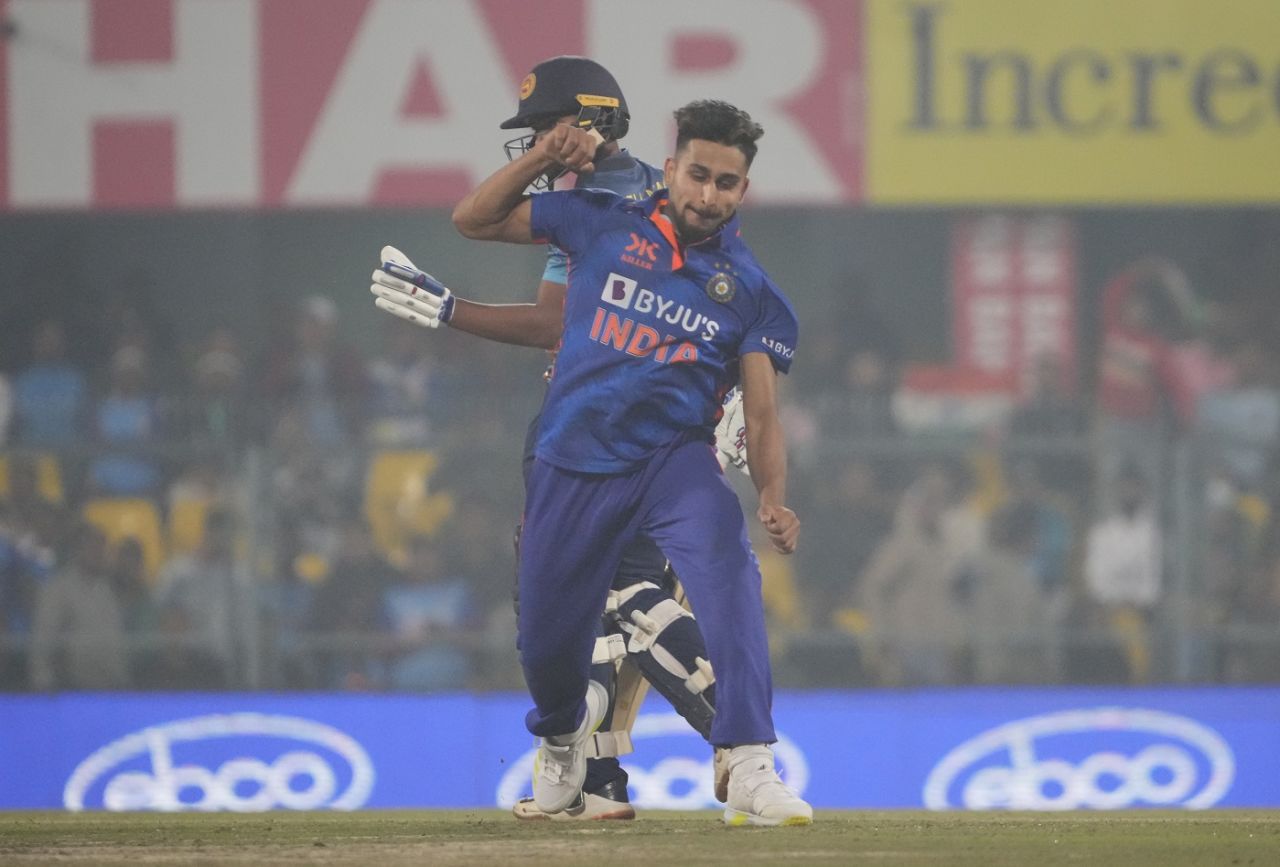 Umran Malik is elated after picking his third wicket, India vs Sri Lanka, 1st ODI, Guwahati, January 10, 2023
