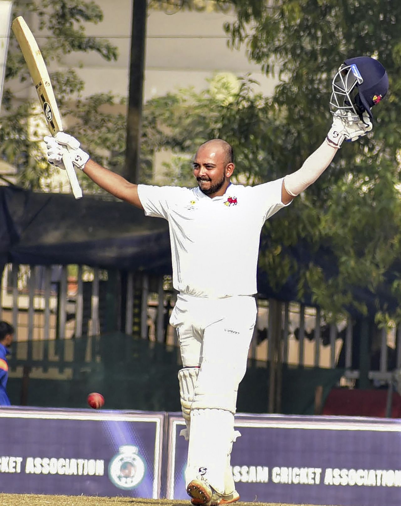 Prithvi Shaw celebrates after reaching his maiden first-class triple century, Assam vs Mumbai, Ranji Trophy 2022-23, 2nd day, January 11, 2023