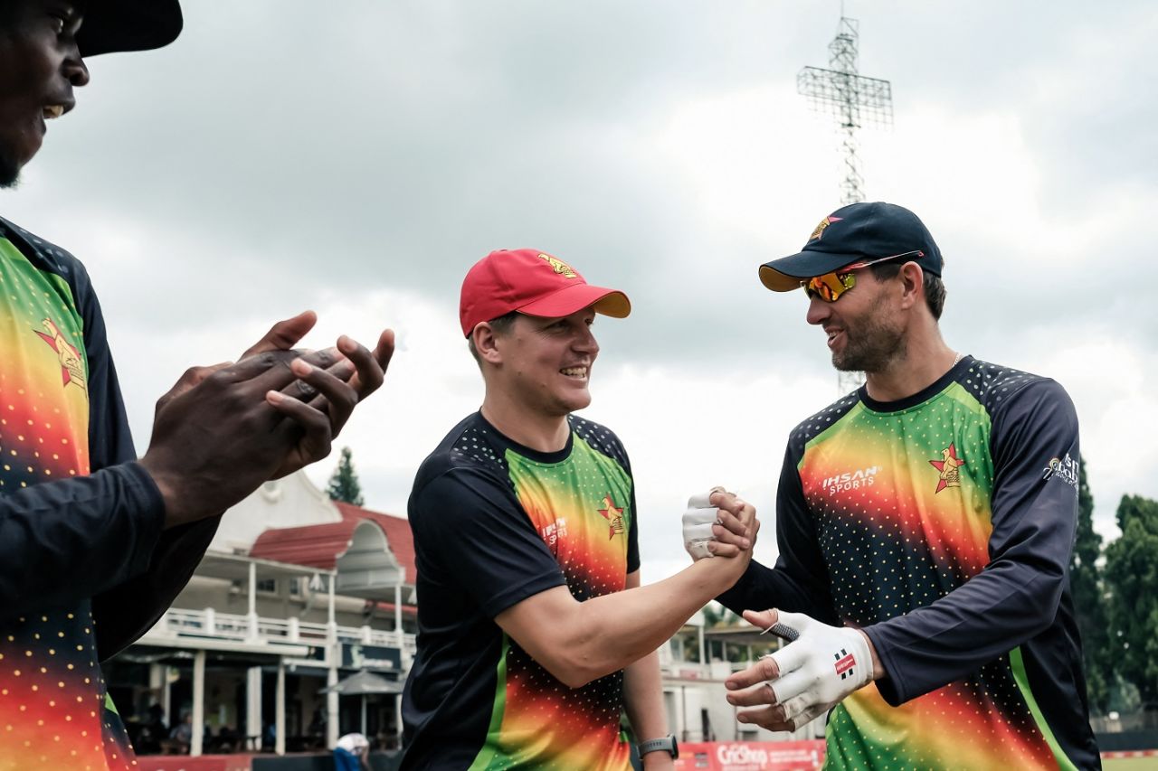 Gary Ballance receives his Zimbabwe cap from captain Craig Ervine, Zimbabwe vs Ireland, 1st T20I, Harare, January 12, 2023
