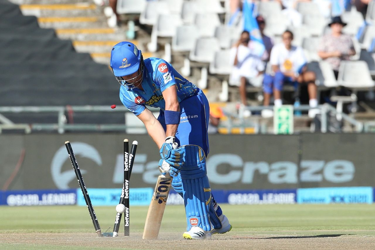 Dewald Brevis is bowled for a duck, MI Cape Town vs Durban's Super Giants, SA20, Cape Town, January 13, 2023